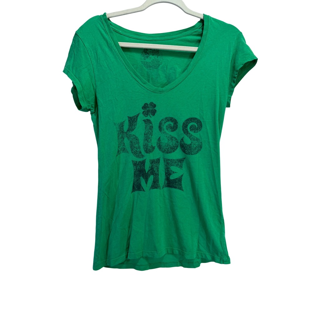 Stranded Womens Kiss Me Im Irish St Patricks Day Graphic V-Neck Tee Green L